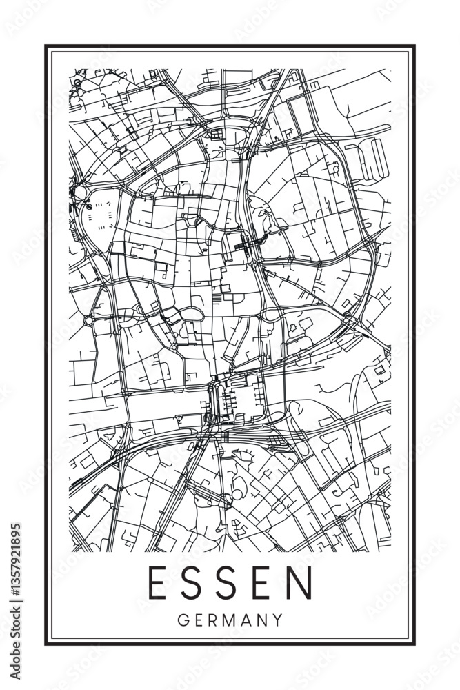 Naklejka premium Hand drawn printable downtown road map poster of the German city of ESSEN on solid white background with city name