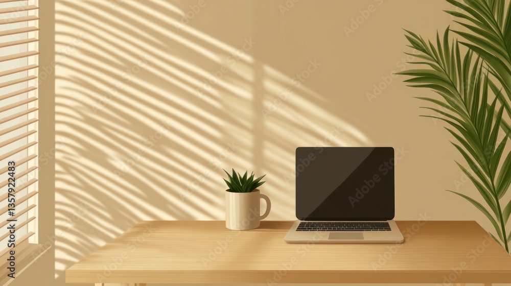 Fototapeta premium Minimalist Home Office Setup with Laptop and Plants Natural Light Through Blinds Cozy Workspa