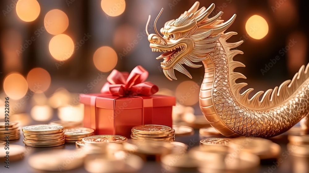Fototapeta premium Golden Dragon Figurine with Gift and Coins