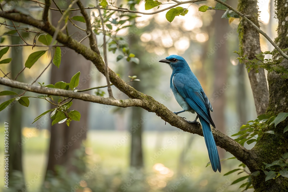 vibrant blue bird perched on mossy tree branch with mountain forest background in soft sunlight, peaceful wildlife and nature photography vibrant blue bird perched on mossy tree branch with mountain forest background in soft sunlight, peaceful wildlife and nature photography