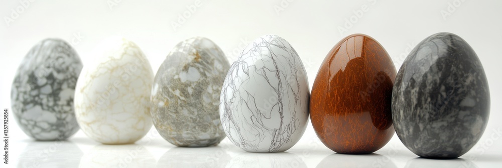 A row of polished marble eggs in various shades, elegantly displayed on a clean white surface, showcasing their unique textures and colors. A row of polished marble eggs in various shades, elegantly displayed on a clean white surface, showcasing their unique textures and colors.