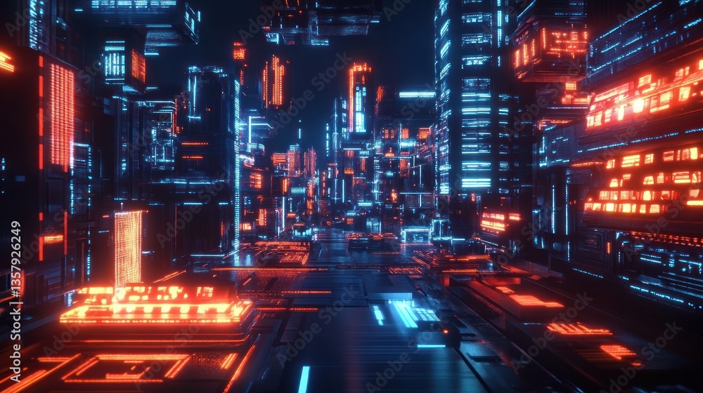 Futuristic Cityscape with Neon Lights and Digital Textures Futuristic Cityscape with Neon Lights and Digital Textures