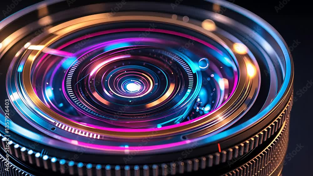 Close-up view of a high-tech camera lens with colorful light reflections and advanced optics in focus.
Close-up view of a high-tech camera lens with colorful light reflections and advanced optics in focus.