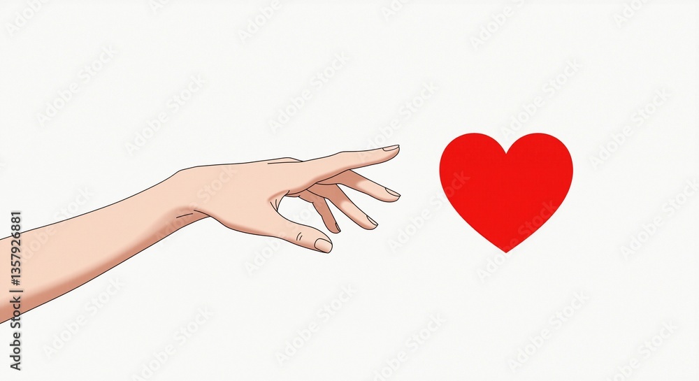 Reaching hand towards a vibrant red heart symbolizing love and compassion on a clean white background Reaching hand towards a vibrant red heart symbolizing love and compassion on a clean white background