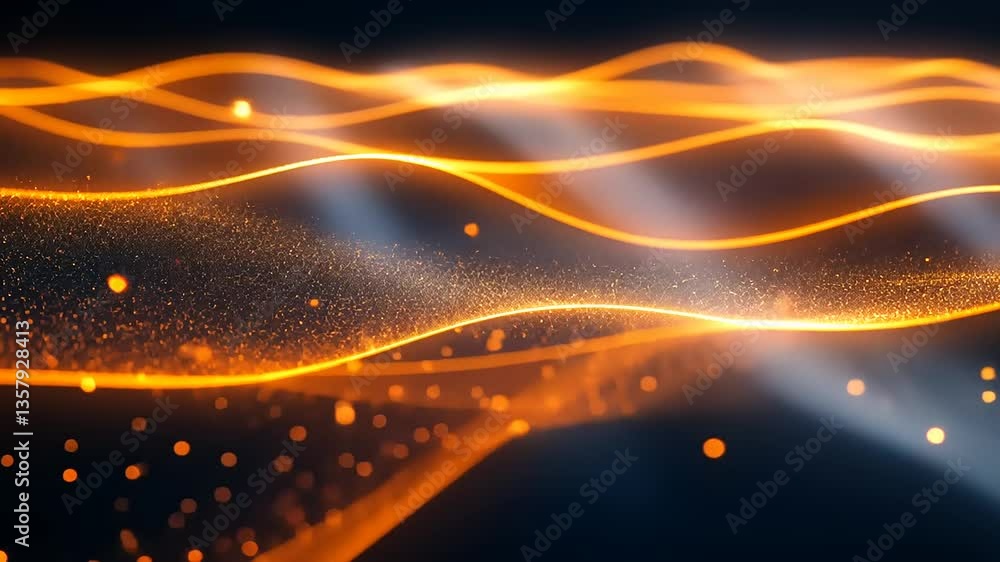 Abstract waves of orange light flow gracefully across a dark background, creating a dynamic visual effect