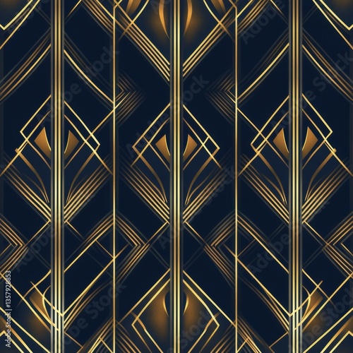 Seamless Art Deco pattern featuring luxurious golden lines on a dark navy background creating an elegant geometric design for timeless appeal Generative AI