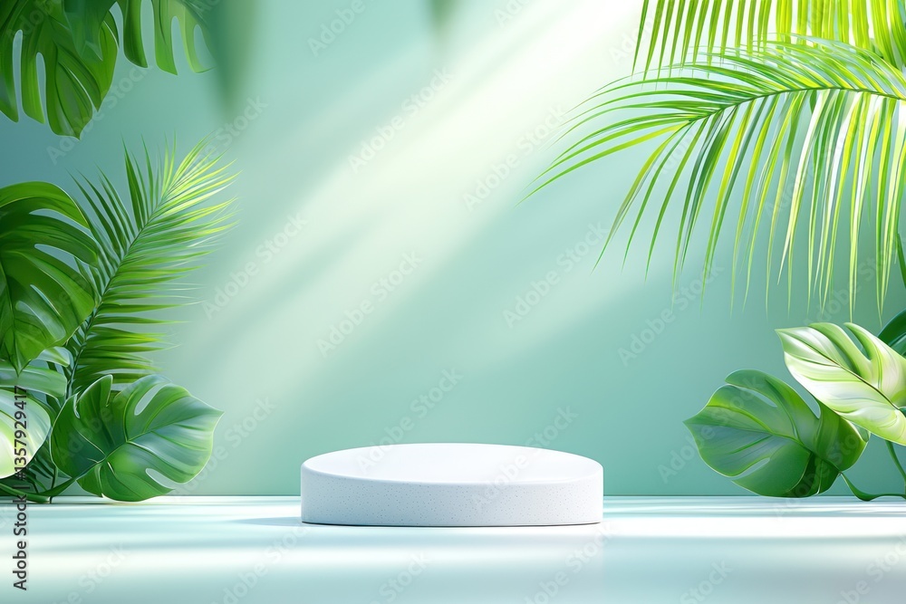 Fototapeta premium White Platform Displayed Amidst Lush Tropical Foliage