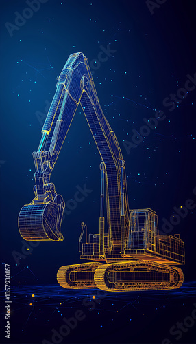 A digital wireframe polygon illustration of an excavator set against a blue background, showcasing the engineering and mechanical intricacy of heavy construction machinery