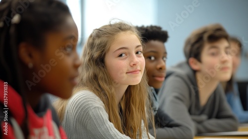 A girl with long brown hair looks attentively while sitting in a classroom.