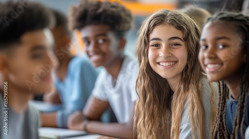 Smiling teenage girl in classroom with friends