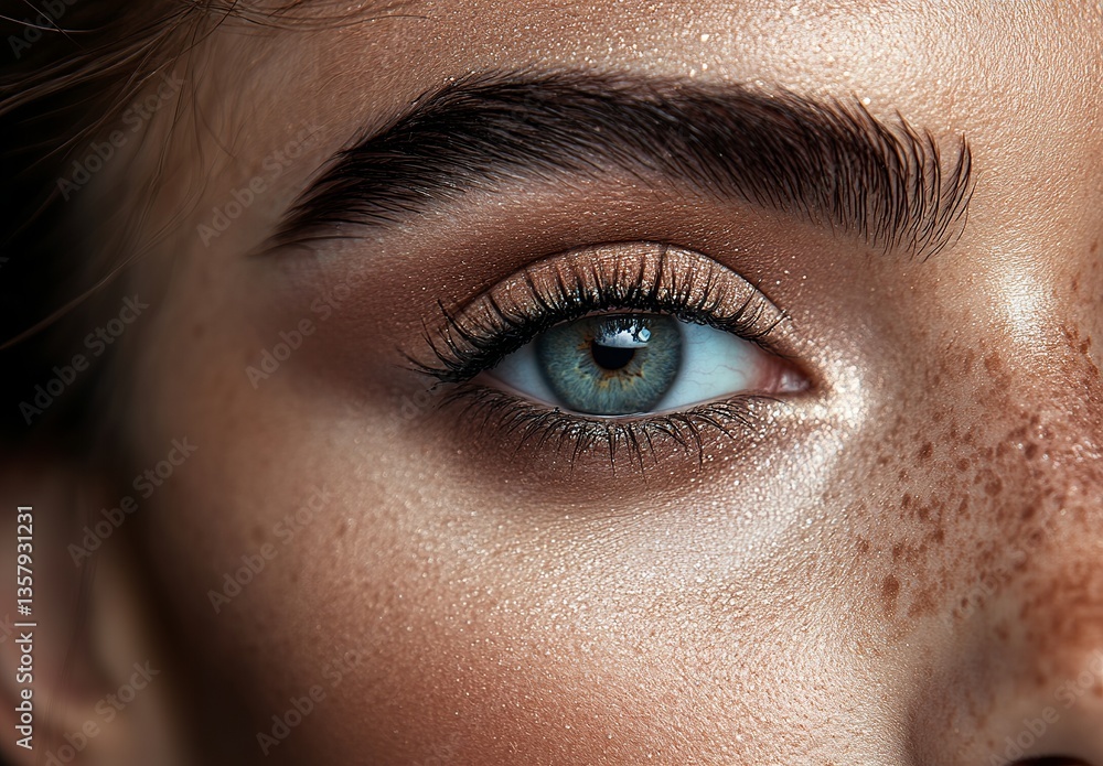 Obraz premium Closeup of a Woman's Eye with Makeup Beautiful Green Iris Detailed Eyelashes Natural Freckles Soft Golden Brown Eye Shadow High Resolution Image 