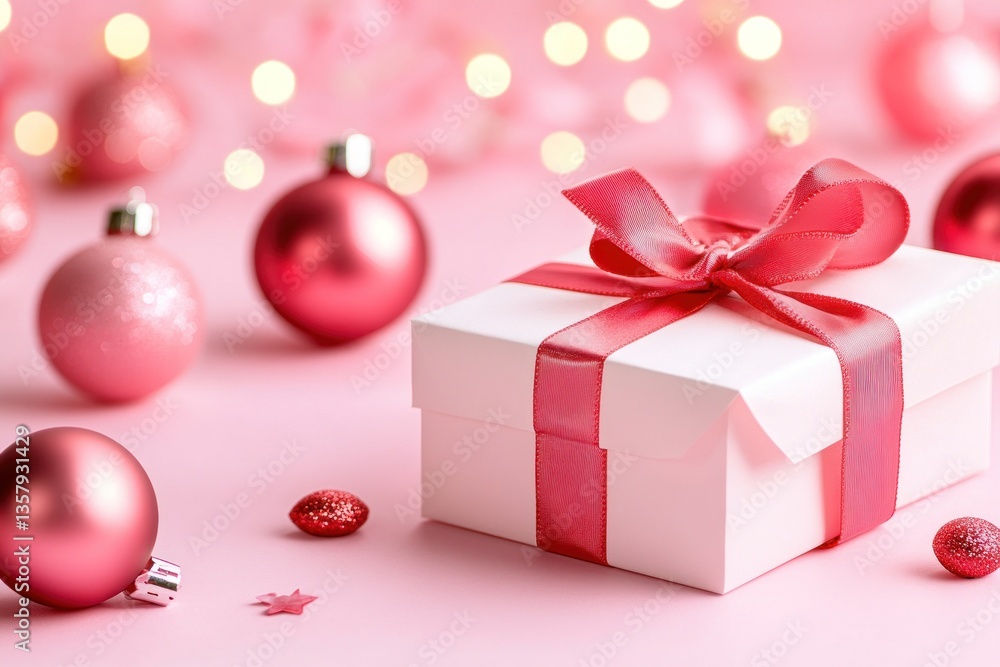 Pink Gift Box With Red Ribbon And Ornaments Pink Gift Box With Red Ribbon And Ornaments