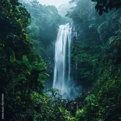 Lush Jungle Waterfall: A tranquil waterfall cascades down a cliffside amidst dense, vibrant green foliage in a serene, untouched tropical paradise.