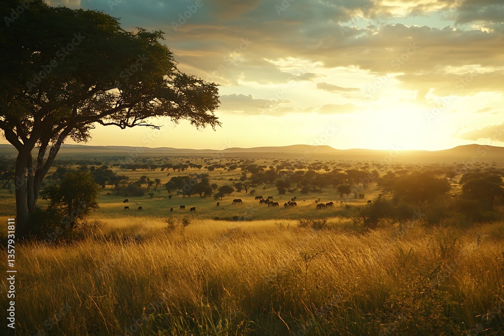Fototapeta premium African savanna thrives with vivid energy displaying a stunning weave of varied wildlife herds grand vistas and a complex network of species-land connections 