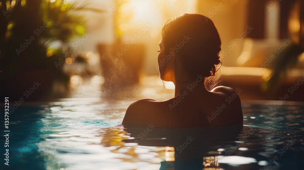 A woman lounges by a poolside, soaking up the warm sunlight A woman lounges by a poolside, soaking up the warm sunlight