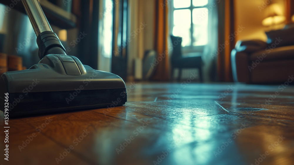 Fototapeta premium Close up of a vacuum cleaner on a shiny wooden floor in a well lit living room interior scene