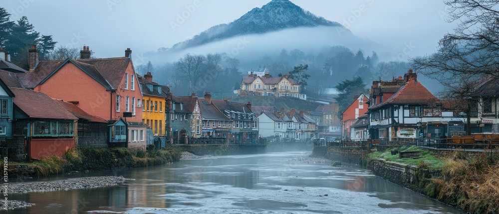 Fototapeta premium Misty river flows through quaint village nestled in valley, fog shrouds hillside