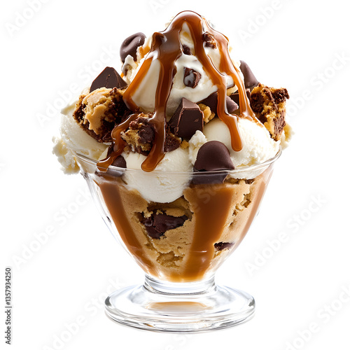 Cookie Dough Ice Cream Scoop – A creamy vanilla base with chunks of cookie dough and chocolate chips, served in a glass cup with a caramel drizzle on white background. 