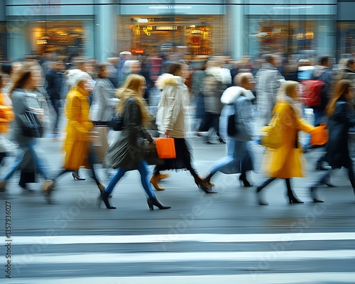 Pedestrians moving rapidly across a busy urban city street scene
