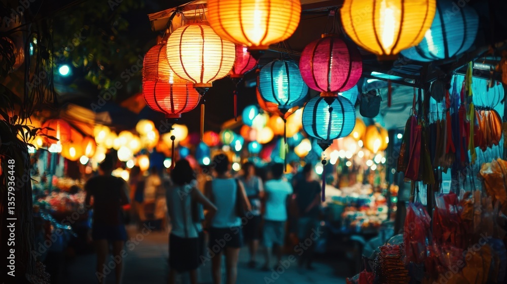 Obraz premium Vibrant lanterns illuminate a bustling night market, creating a warm and inviting atmosphere for visitors and locals alike.
