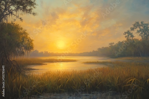 As morning’s initial rays slice through misty bog a wondrous scene grows brushing expanse in a hypnotic array of sparkling gold shifting forms and a rich sense of magic  
