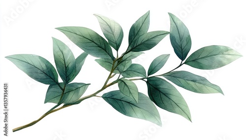 Watercolor painting of a green leaf branch. Perfect for nature-themed designs, blogs, or invitations.