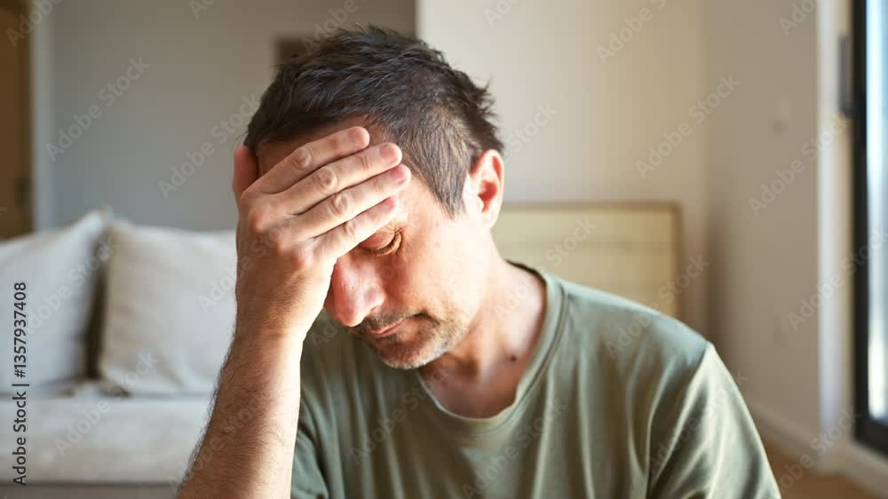 Headshot portrait of sad and depressed man in living room, alone at home, 4K Headshot portrait of sad and depressed man in living room, alone at home, 4K