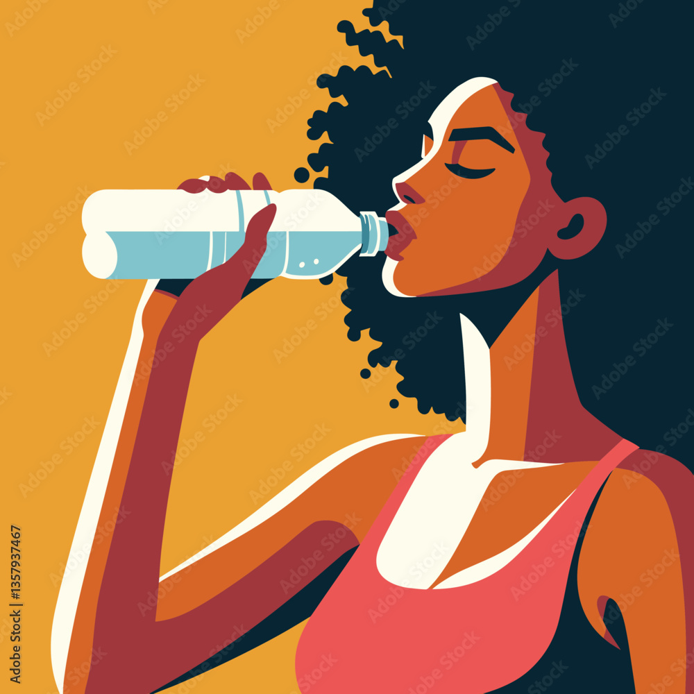 Woman Hydrating with Water Bottle - Vibrant Vector Illustration Woman Hydrating with Water Bottle - Vibrant Vector Illustration
