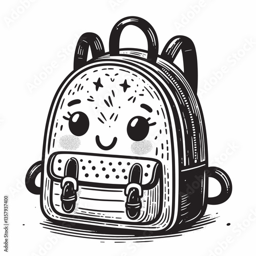 Cute Smiling Backpack with Eyes in Hand-Drawn Cartoon Art Style