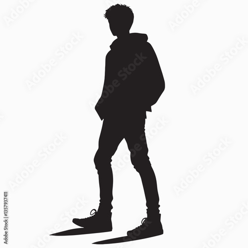Silhouette of a Young Man in Hoodie - Minimalist Black and White Illustration