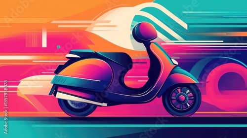 A vibrant, stylized illustration of a red scooter set against a bright yellow background.