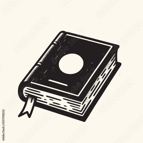 Vintage Hardcover Book Illustration with Bookmark - Black and White Art