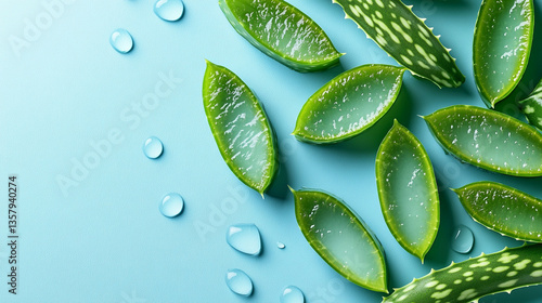 Freshly cut aloe vera leaves on blue background