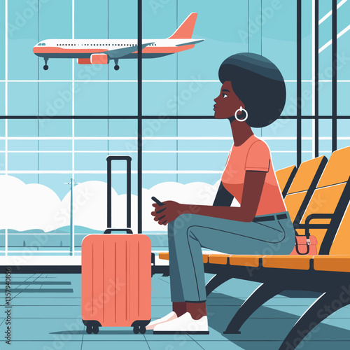 Traveler at Airport Terminal with Airplane View in Flat Illustration Style