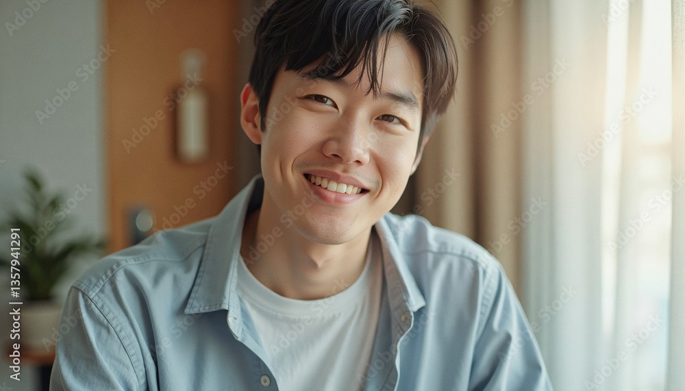 Portrait headshot photo of diverse friendly people: A smiling young man with dark hair looks directly at the camera from a bright, cozy room. Portrait headshot photo of diverse friendly people: A smiling young man with dark hair looks directly at the camera from a bright, cozy room.