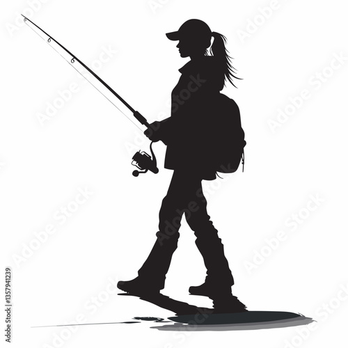 Silhouette of a Woman Fishing Outdoor Adventure in Nature - Black and White Art