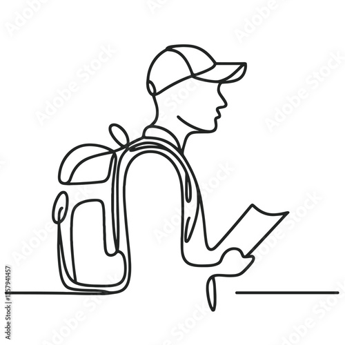 One Line Art of Traveler with Backpack and Map - Minimalist Illustration