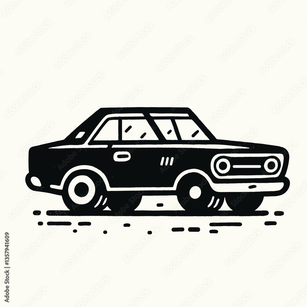 Classic Car Black and White Retro Illustration in Monochrome Style Classic Car Black and White Retro Illustration in Monochrome Style