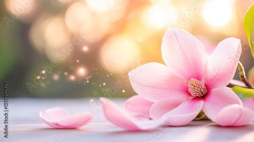 Pink Magnolia Blossom with Delicate Petals on Wooden Surface