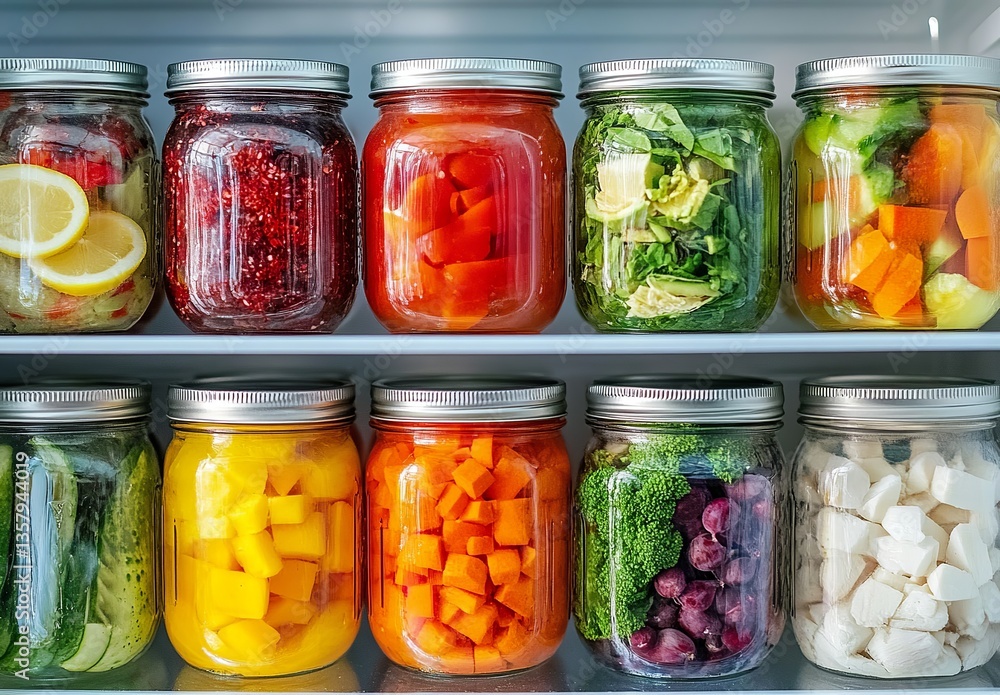 Healthy Homemade Preserved Foods in Glass Jars Colorful Vibrant Vegetables Fruits Refrigerator Storage Organized Kitchen Canning eat diet meal prep Healthy Homemade Preserved Foods in Glass Jars Colorful Vibrant Vegetables Fruits Refrigerator Storage Organized Kitchen Canning eat diet meal prep