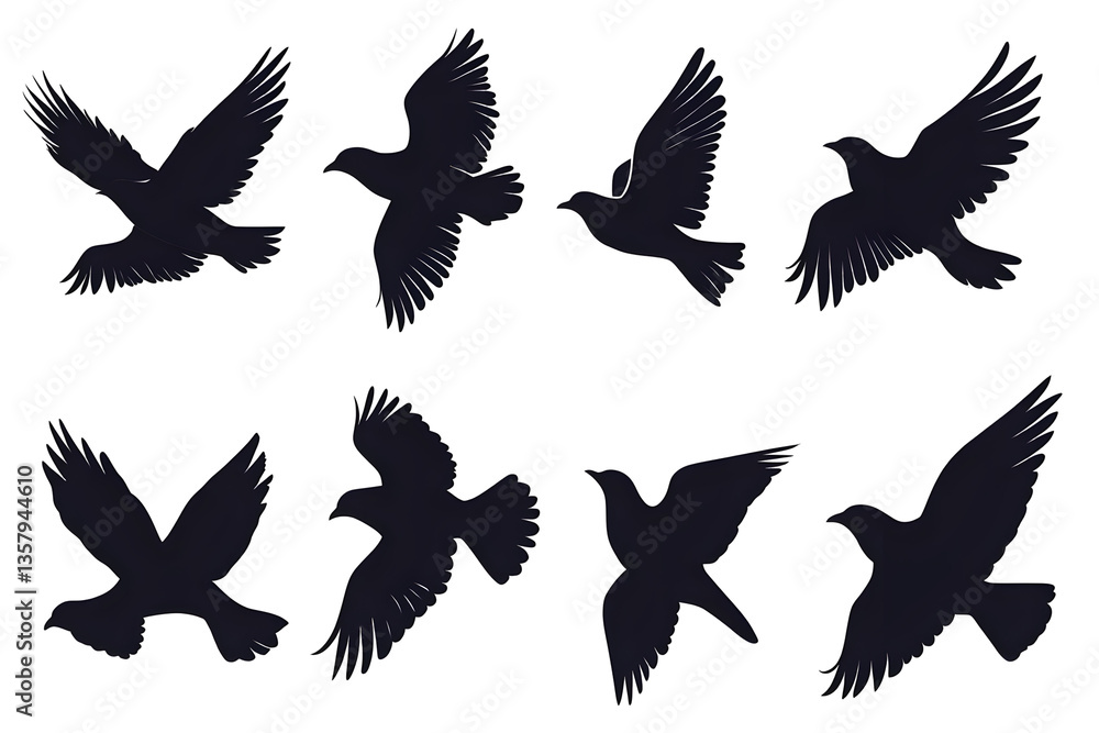 Obraz premium Silhouette of Flying Ravens Birds in Motion Wildlife Isolated Background