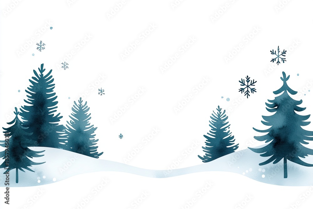 Obraz premium Watercolor Winter Scene with Snowy Trees and Snowflakes