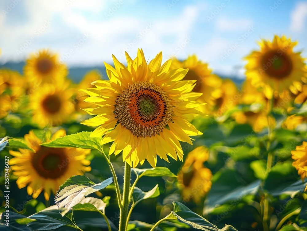 Fototapeta premium Golden sunflowers under a blue sky. Vivid petals radiate from the dark centers, creating a picturesque summer field.