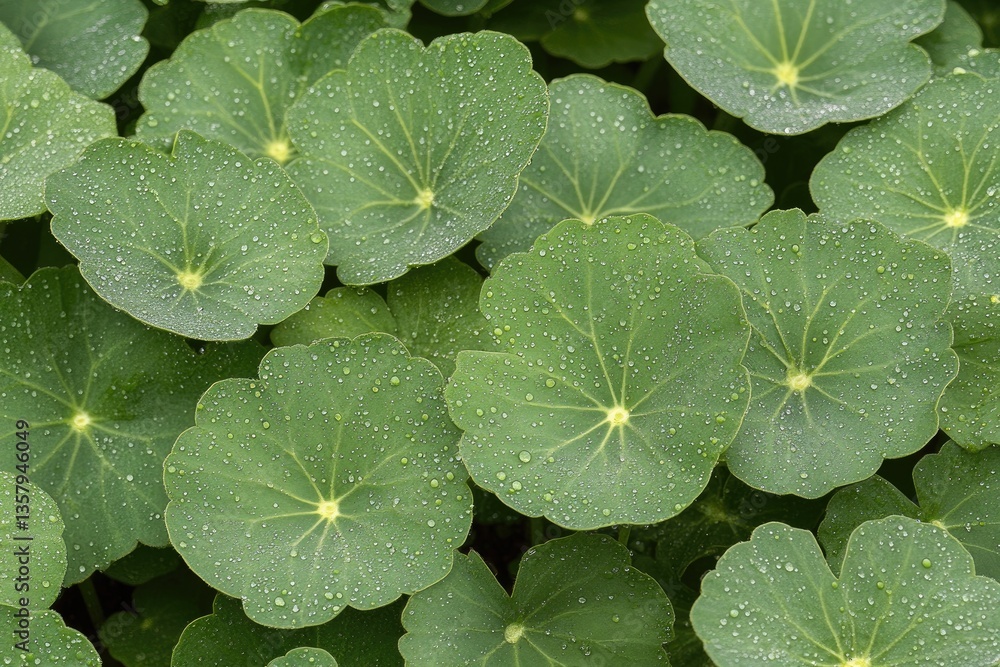 Dew-kissed, round, vibrant green leaves densely packed together Dew-kissed, round, vibrant green leaves densely packed together