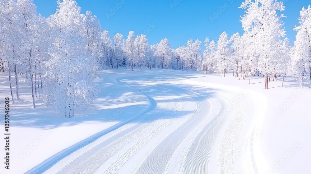 Obraz premium Snow covered trees beside a winding ski trail
