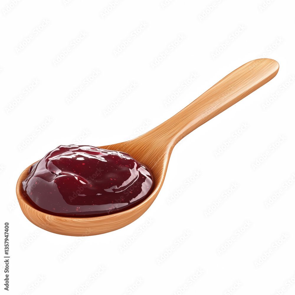 Realistic wooden spoon with a glossy scoop of red fruit jam, rich vibrant texture ideal for breakfast or dessert concept, isolated on transparent background. Realistic wooden spoon with a glossy scoop of red fruit jam, rich vibrant texture ideal for breakfast or dessert concept, isolated on transparent background.