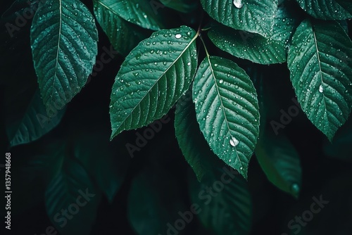 Obraz na płótnie Lush, dark green leaves with water droplets w salonie