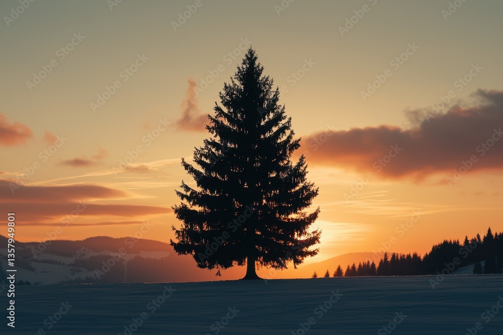 Lone silhouette of evergreen tree set against a vibrant sunset, standing majestically in snow-covered field. Peaceful, winter landscape. Lone silhouette of evergreen tree set against a vibrant sunset, standing majestically in snow-covered field. Peaceful, winter landscape.