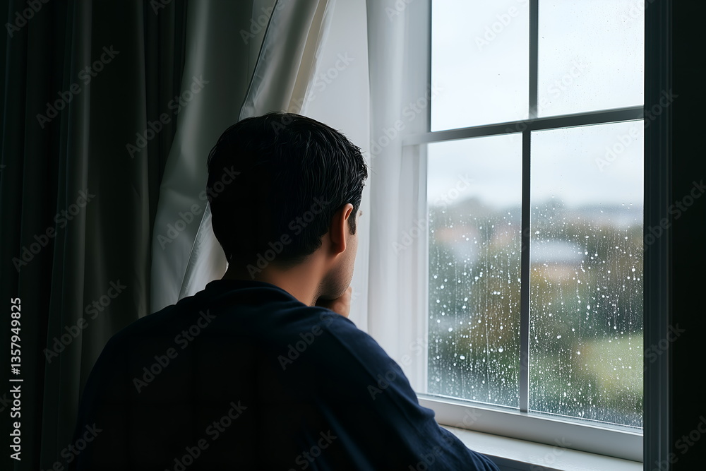 Man reflecting in thought while looking out the rainy window Man reflecting in thought while looking out the rainy window