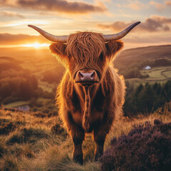 Glasbilder Tieren Highland cow standing in a sunset landscape  © Bohdan
